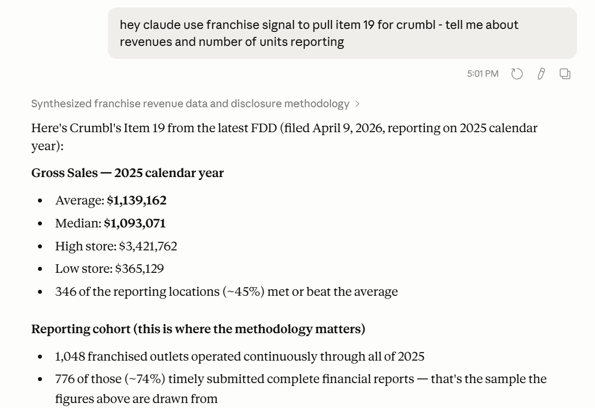 Franchise Signal MCP workflow with FDD data